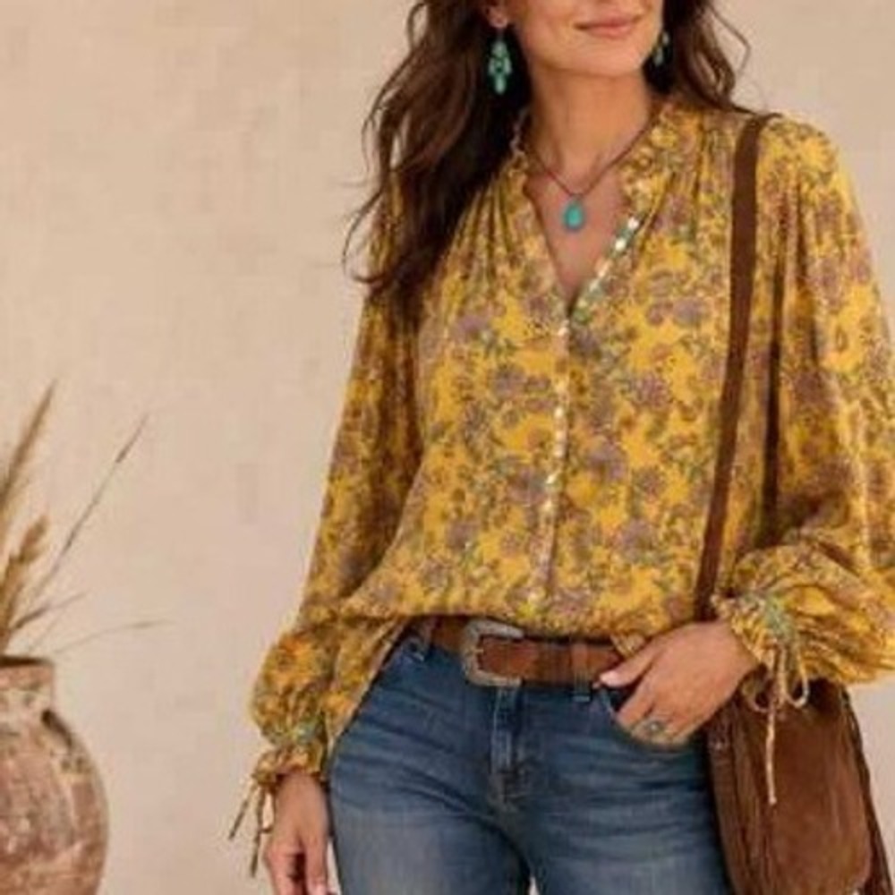 Sundance Floral Blouse Women Size M Yellow Boho Ruffle Neck Button Front